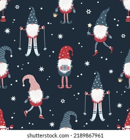 Christmas seamless pattern with scandinavian gnome. Can be used for fabric, wrapping paper, scrapbooking, textile, poster, banner and other christmas design. Flat style.