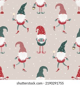 Christmas seamless pattern with scandinavian gnome. Can be used for fabric, wrapping paper, scrapbooking, textile, poster, banner and other christmas design. Flat style.