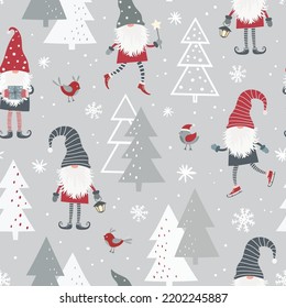 Christmas seamless pattern with scandinavian gnome, christmas tree and snowflakes. Can be used for fabric, wrapping paper, scrapbooking, textile, poster etc. Flat style.