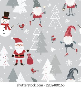Christmas seamless pattern with scandinavian gnome, christmas tree and snowflakes. Can be used for fabric, wrapping paper, scrapbooking, textile, poster etc. Flat style.
