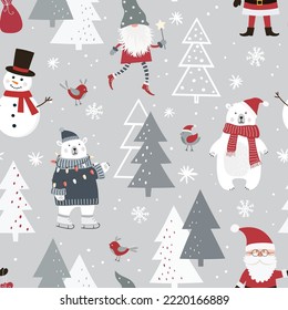 Christmas seamless pattern with scandinavian gnome, Santa Claus, snowman, polar bear, christmas tree and snowflakes. Can be used for fabric, wrapping paper, scrapbooking, textile, poster etc.