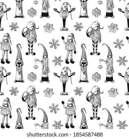 Christmas seamless pattern with Scandinavian Christmas gnomes. Sketch, vector