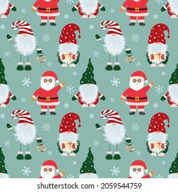 Christmas seamless pattern with scandinavian gnomes, santa claus and snowflakes. Can be used for fabric, wrapping paper, scrapbooking, textile, poster, banner and other christmas design. Flat style.