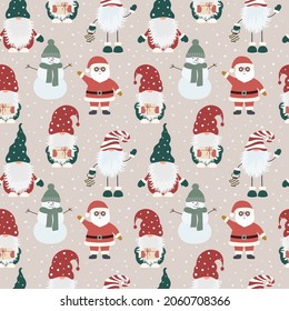 Weihnachtsnahtloses Muster mit skandinavischen Gnomen, Weihnachtsclaus und Schneeflocken. Kann für Stoff, Umhüllungspapier, Scrapbooking, Textilien, Poster, Banner und andere Weihnachtsdesigns verwendet werden. Flacher Stil.