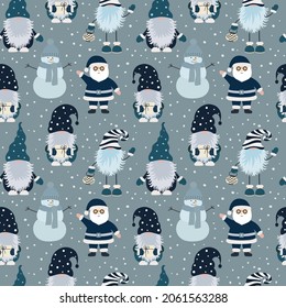 Christmas seamless pattern with scandinavian gnomes, santa claus and snowflakes. Can be used for fabric, wrapping paper, scrapbooking, textile, poster, banner and other christmas design. Flat style.