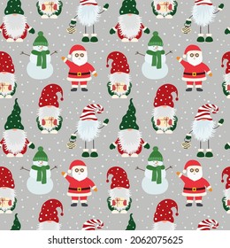 Christmas seamless pattern with scandinavian gnomes, santa claus and snowflakes. Can be used for fabric, wrapping paper, scrapbooking, textile, poster, banner and other christmas design. Flat style.