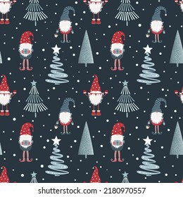 Christmas seamless pattern with scandinavian gnomes, trees and snowflakes. Can be used for fabric, wrapping paper, scrapbooking, textile, poster, banner and other christmas design. Flat style.