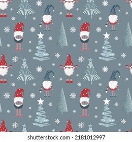 Christmas seamless pattern with scandinavian gnomes, trees and snowflakes. Can be used for fabric, wrapping paper, scrapbooking, textile, poster, banner and other christmas design. Flat style.