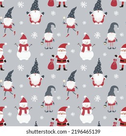 Christmas seamless pattern with scandinavian gnomes, snowman, Santa Claus and snowflakes. Can be used for fabric, wrapping paper, scrapbooking, textile, poster and other christmas design. Flat style.