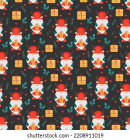 Christmas seamless pattern with Scandinavian gnomes and gifts. Cute dwarf deer. Use for print, fabric, paper, cover, poster, postcard, New Year's design, scrapbooking, sticker.