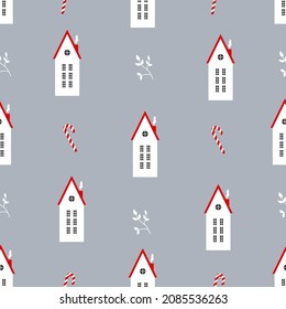 Christmas seamless pattern with scandinavian house and candy. Vector digital paper with winter decorative elements. Flat style illustration good for greeting, textile, poster, and more.