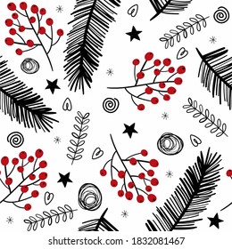 Weihnachtsnahtloses Muster, skandinavischer Stil, weißer Hintergrund, Weihnachtsbäume, rote Mistelbeeren, Sterne, Äste, Weihnachtsdekorationen, perfekt zum Zeichnen auf Umhüllungspapier, Innendekoration 
