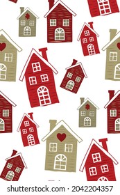 Christmas seamless pattern with Scandinavian style  houses.  Can be used as wrapping paper, fabric pattern, wallpaper, pattern for phone cases, bags.