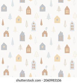 Christmas seamless pattern in scandinavian style. Cute scandinavian houses and Christmas trees. Vector illustration for winter season.