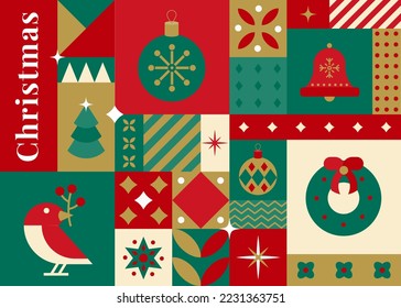 Christmas seamless pattern in Scandinavian style. Holidays 2023 postcard. Snowflakes, decorations and Xmas trees elements. Retro clean concept design. Vector Illustration