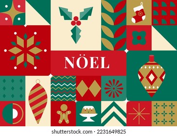 Christmas seamless pattern in Scandinavian style. Holidays 2023 postcard. Snowflakes, decorations and Xmas trees elements. Retro clean concept design. Vector Illustration