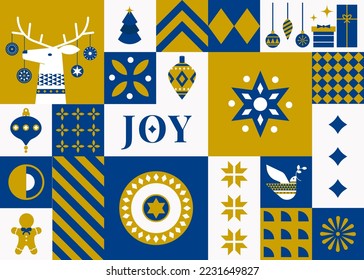 Christmas seamless pattern in Scandinavian style. Holidays 2023 postcard. Snowflakes, decorations and Xmas trees elements. Retro clean concept design. Vector Illustration