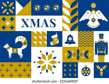 Patrón de Navidad sin fisuras al estilo escandinavo. Postal de vacaciones 2023. Copos de nieve, decoración y elementos de árboles de Navidad. Diseño de concepto retro limpio. Ilustración vectorial