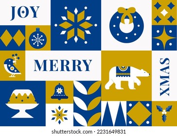 Patrón de Navidad sin fisuras al estilo escandinavo. Postal de vacaciones 2023. Copos de nieve, decoración y elementos de árboles de Navidad. Diseño de concepto retro limpio. Ilustración vectorial