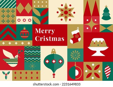 Christmas seamless pattern in Scandinavian style. Holidays 2023 postcard. Snowflakes, decorations and Xmas trees elements. Retro clean concept design. Vector Illustration