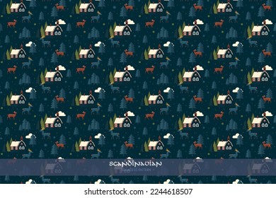Christmas seamless pattern in scandinavian style with swedish house, deer, fallow deer, fir tree, pine tree. Nordic winter background wallpaper with forest animals and woodland. Wrapping paper design