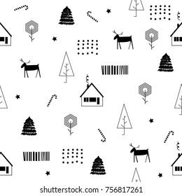 Christmas  seamless pattern. Scandinavian style. Vector illustration.  Deer, house, map, tree elements