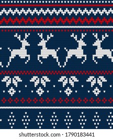 Christmas Seamless pattern or scandynavian pattern, vector illustration winter traditional fabric ornament. Knit scandinavian xmas background. Nordic fashion warm wallpaper. Handmade geometric textile