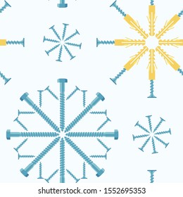 Christmas seamless pattern of screws laid out in the shape of snowflakes. Vector background for a shop of construction tools, a technical site or others.