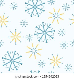 Christmas seamless pattern of screws laid out in the shape of snowflakes. Vector background for a shop of construction tools, a technical site or others.