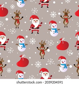 Christmas seamless pattern, christmas season with christmas tree, santa claus, reindeer,snowflakes,snow and gift bag on brown background,Merry christmas and Happy new year.