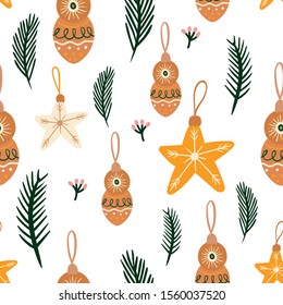 Christmas seamless pattern with seasonal elements, pine branch, Christmas decorations
