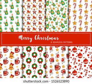 Christmas seamless pattern set - candy cane, snowflakes, cup of hot beverages, wreathes, bell, Santa Claus - endless texture for textile, scrapbook, wrapping paper, new year backgrounds - vector