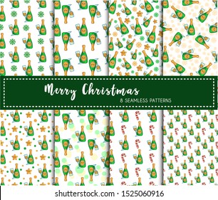 Christmas seamless pattern set - champagne, celebratory drink or beverage - bottle sparkling wine, endless texture for print, textile, scrapbook or wrapping paper, cute new year decoration - vector