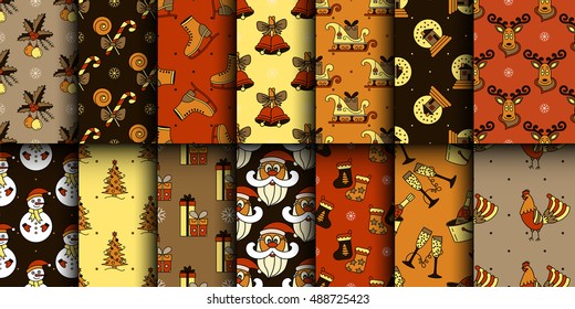 Christmas seamless pattern set. Cute vector catoon illustrations for New Year 2017 with winter and year symbols - snowflake, Santa, reindeer sleigh, champagne, ice skating, gifts, rooster, etc.