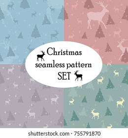 Christmas seamless pattern set  with deer and snowflakes and x-mas trees. Perfect for wrapping paper or textile.
