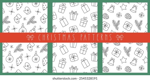 Christmas seamless pattern set. Doodle black outline decoration on white. Winter holiday design for greeting card, cover, print, fabric. Vector illustration.