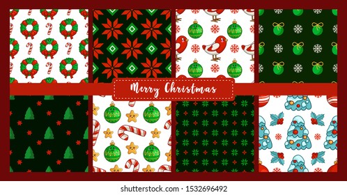 Christmas seamless pattern set with new year characters, objects - bullfinch, tree, candy cane, holly, ball, floral firry wreath. Texture or background for textile, scrapbook, wrapping paper - vector