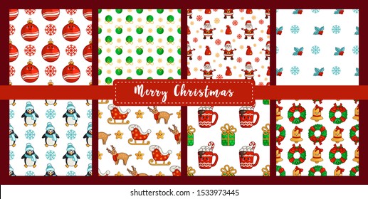 Christmas seamless pattern set, new year kawaii penguin, reindeer rudolf, santa claus sleigh, ball, hot drink cup, wreath, bell. Texture or background for textile, scrapbook, wrapping paper - vector