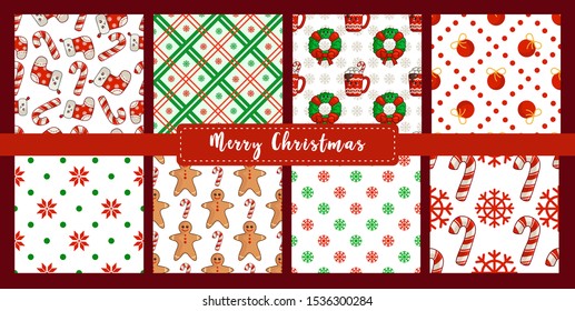Christmas seamless pattern set, new year candy cane, snowflake, ball, socks,  gingerbread man, abstract geometric shapes. Texture or background for textile, scrapbook, wrapping paper - vector