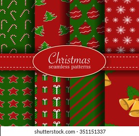 Christmas seamless pattern set. Red and green colors. Background with endless texture for brochure, flyer, invitation, scrap booking, wrapping, paper and fabric printing. 