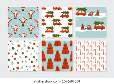 Christmas seamless pattern set of Santa, car carries a Christmas tree and sack with gift boxes, light ball and candy. Wrapping texture of simple hand drawn cute icons. Winter wallpaper illustration.