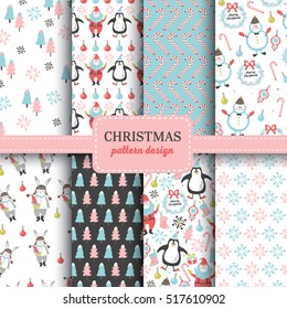 Christmas seamless pattern set with Santa, Snowman and penguin