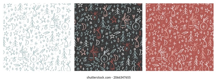  Christmas seamless pattern set. Two, three and multi-color one direction vector repeat design with winter holiday ornaments, trees and abstract snowflakes.