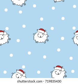 Christmas seamless pattern with sheep in hats of Santa Claus and snowflakes. Doodle art.