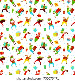 Christmas seamless pattern with shopping people. Winter background with gifts and cheerful men and women with gift boxes. Vector illustration in cartoon style for wrapping, cards, textile