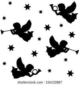 Christmas seamless pattern and silhouettes angels  trumpets   stars  black icons  vector illustration