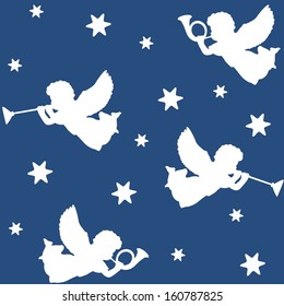 Christmas seamless pattern and silhouettes angels  trumpets   stars  white icons  vector illustration