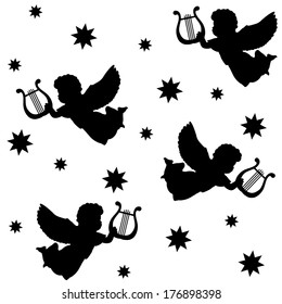 Christmas seamless pattern with silhouettes of angels, harp and stars, isolated black icons on white background, vector illustration