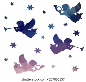 Christmas seamless pattern with silhouettes of angels, trumpets and stars, polygonal design, vector illustration