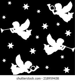 Christmas seamless pattern with silhouettes of angels, trumpets and stars, white icons on black background, vector illustration